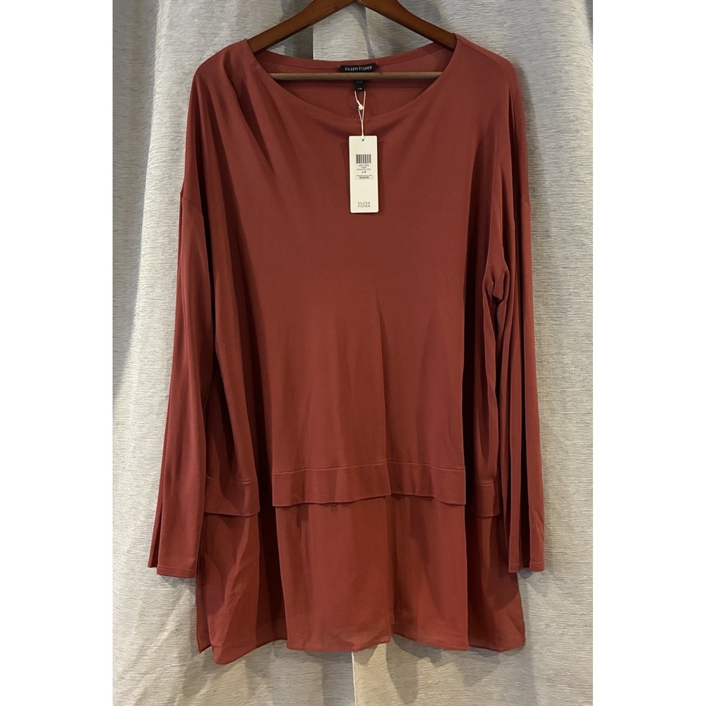 Eileen Fisher 100% Silk Jersey Bateau Neck Tunic Rust Orange L F6GK-T2655M NWT